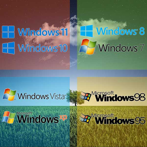 Die Logos der Microsoft-Betriebssysteme Windows 95 bis Windows 11
